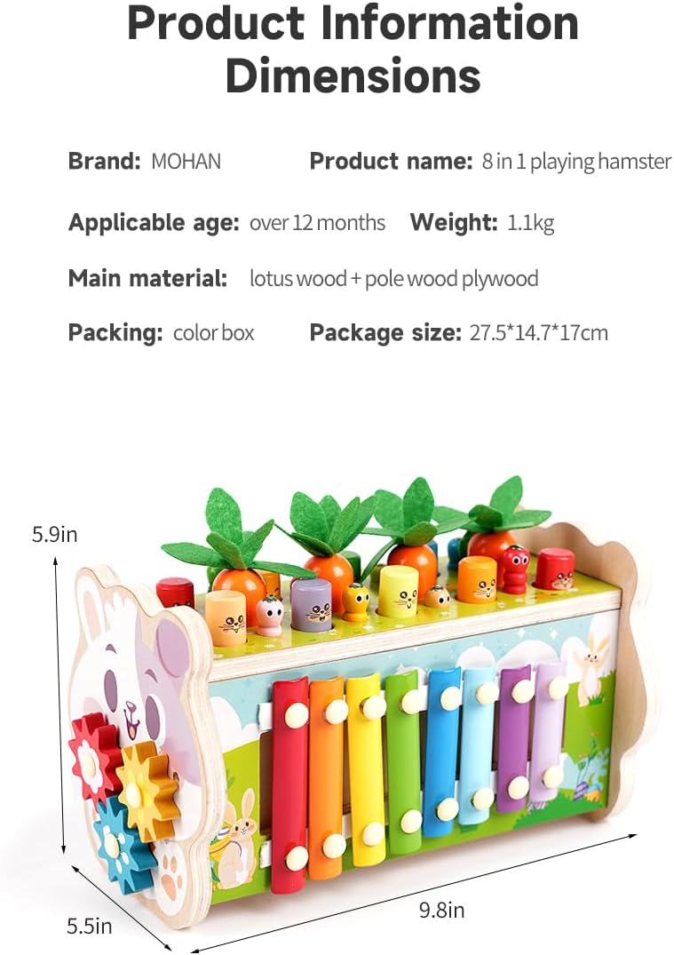 Juguetes Montessori para niños de 1 año, (8 en 1), juguete de madera para golpear martillos, juego de golpe a topos para niños pequeños, juego de