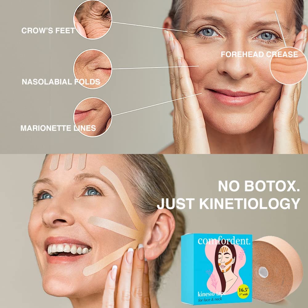 Comfordent Kinesio – Cinta para estiramiento facial y cuello, antiarrugas, liberación miofascial (rosa intenso)