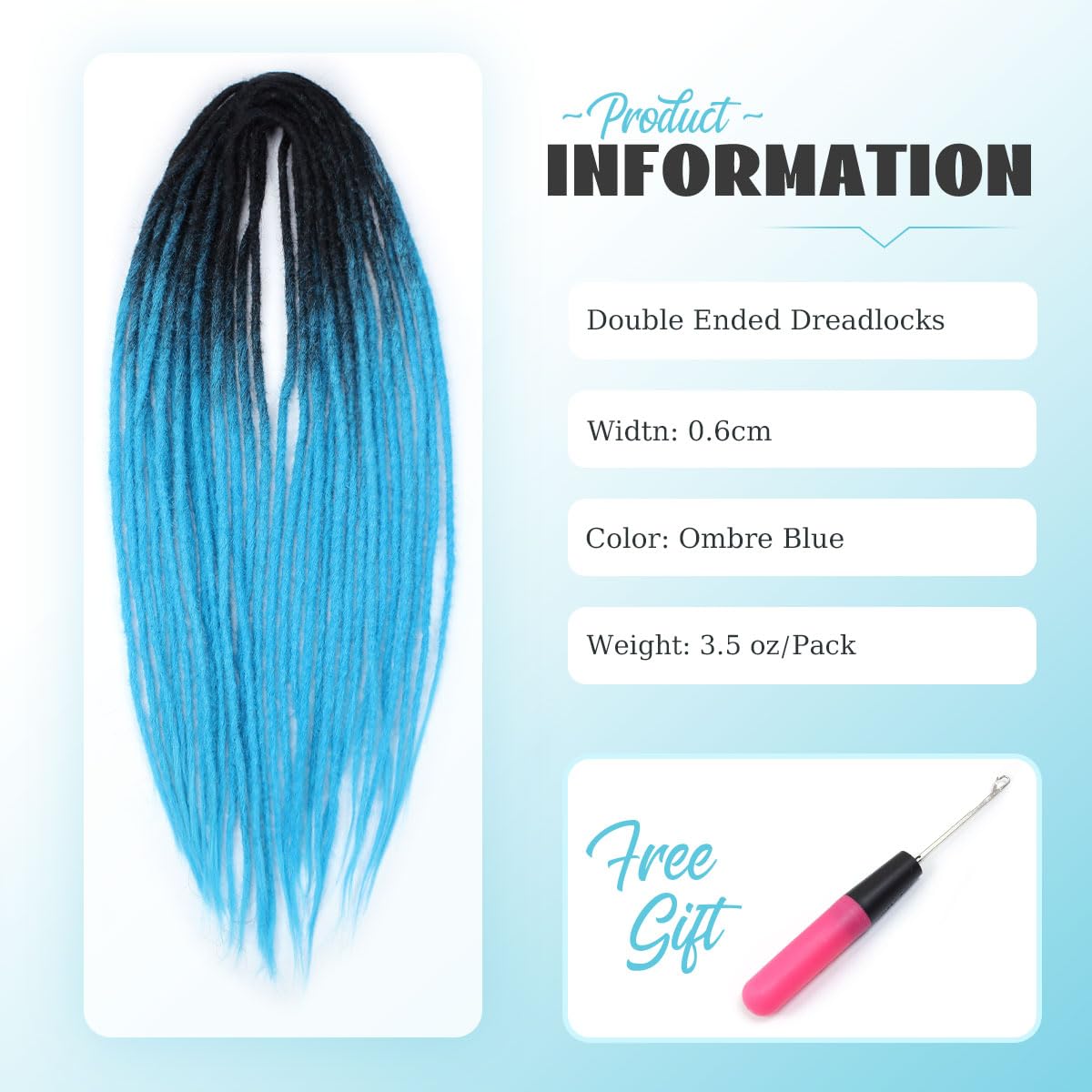 Extensiones de rastas sintéticas de doble punta de 24 pulgadas, 0.2 in, finas, suaves, falsas, 15 unidades, extensiones de rastas color azul