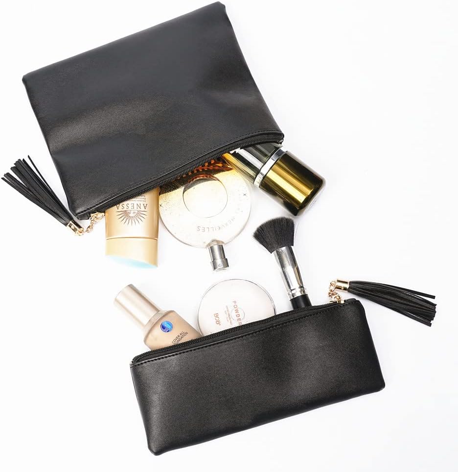 Pequeña bolsa de maquillaje para bolso, juego de 2 bolsas de maquillaje con cremallera de cuero con bolsa para brochas de maquillaje, lindas bolsas