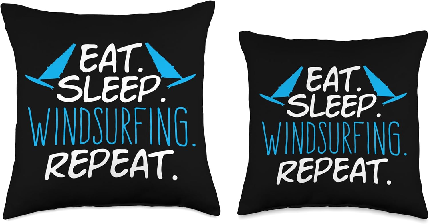 Windsurfer Windsurfing Windsurf Kitesurfing Motifs Eat Sleep Repeat Windsurfer Surfing Throw Pillow, 18×18, Multicolor