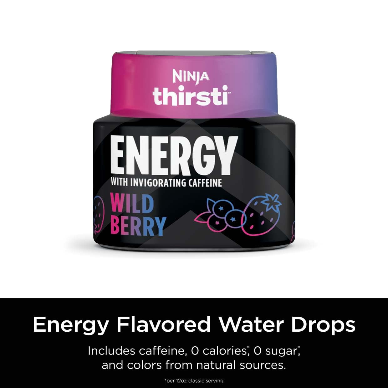 Ninja Thirsti Gotas de agua saborizadas, energía con cafeína vigorizante, bayas silvestres, cero calorías, cero azúcar, 2.07 onzas líquidas, hace