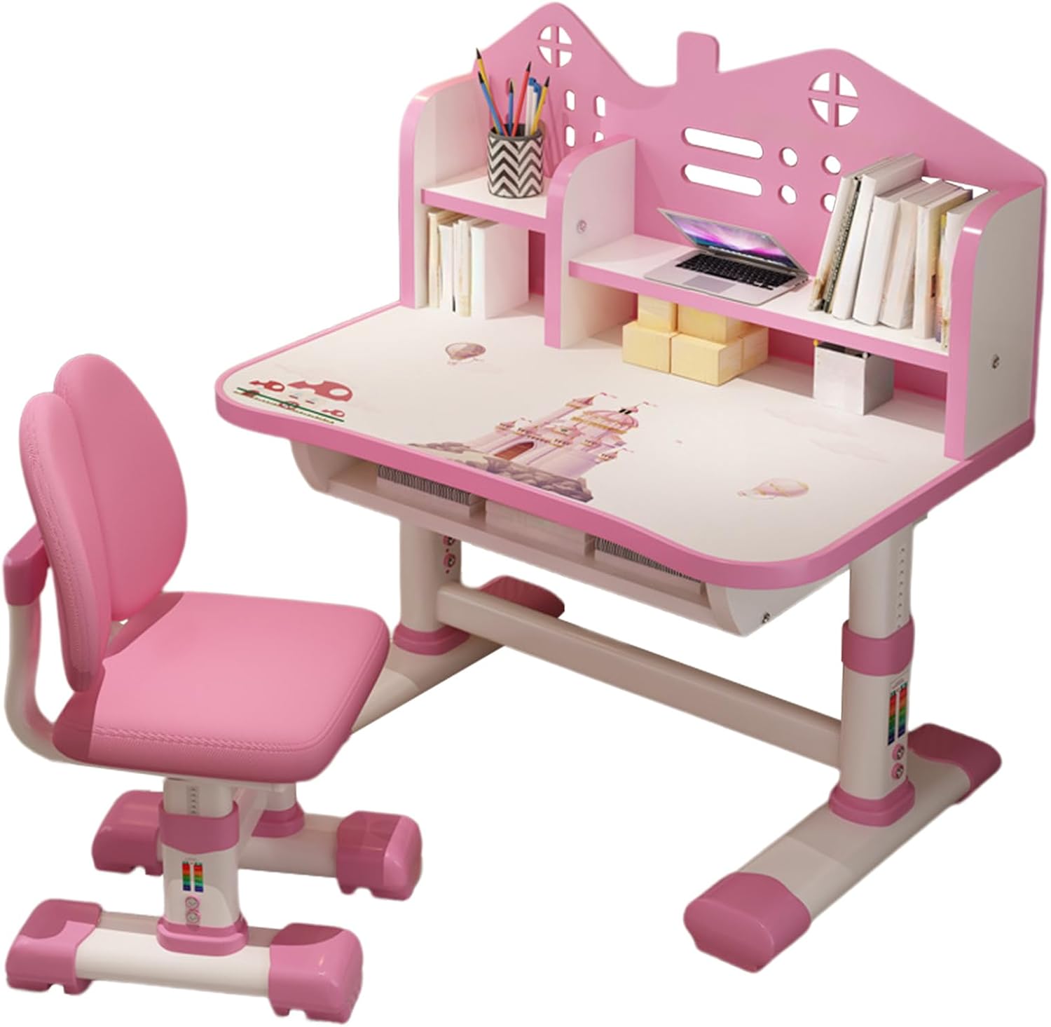 Small Desk, Standing Desk, Desk Chair Set, Widened Desktop Multi Separation Cartoon Pattern Desk Chair Set Kids Adjustable Height Study Table with