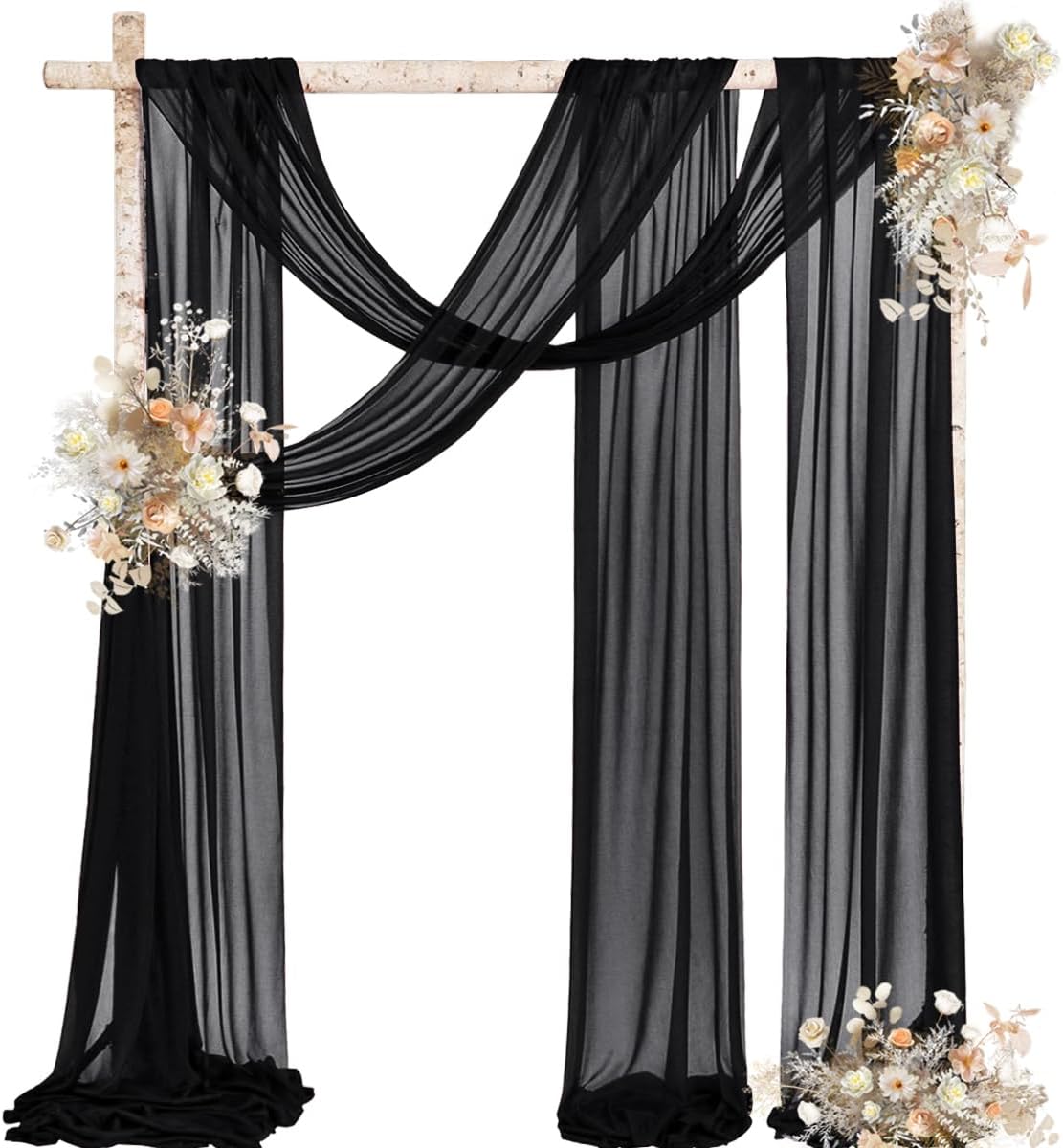MLMW 2 paneles de tela para arco de boda, 6.5 yardas, cortina de gasa transparente negra, tela drapeada, decoración de techo extra larga para fiesta