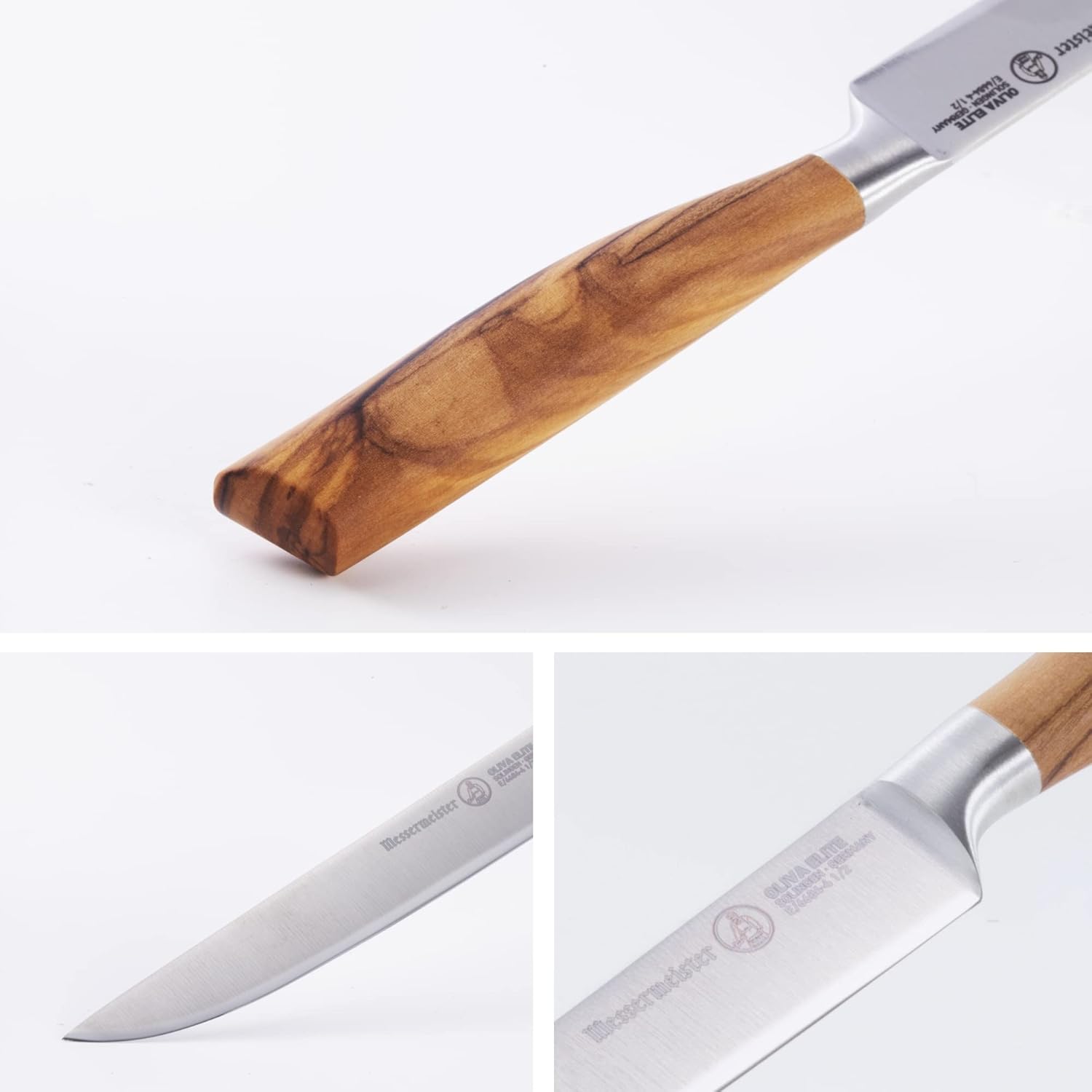 Messermeister Oliva Elite – Juego de cuchillos para carne de filo fino, hoja fina de aleación de acero alemán y mango de madera de olivo