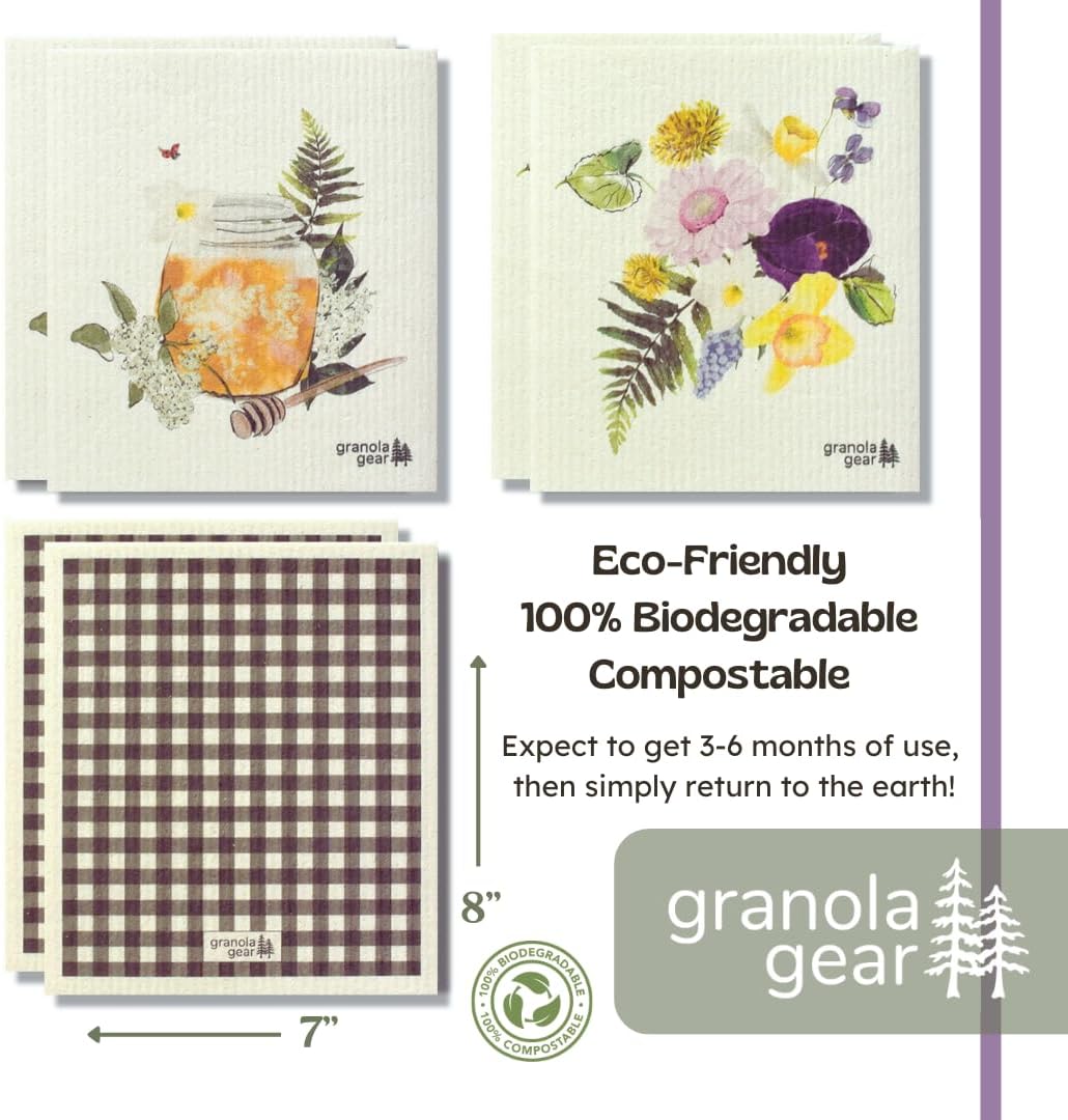Paños de cocina suecos para cocina, paquete de 6 toallas de papel reutilizables, ecológicas, compostables, biodegradables, esponjas lavables,