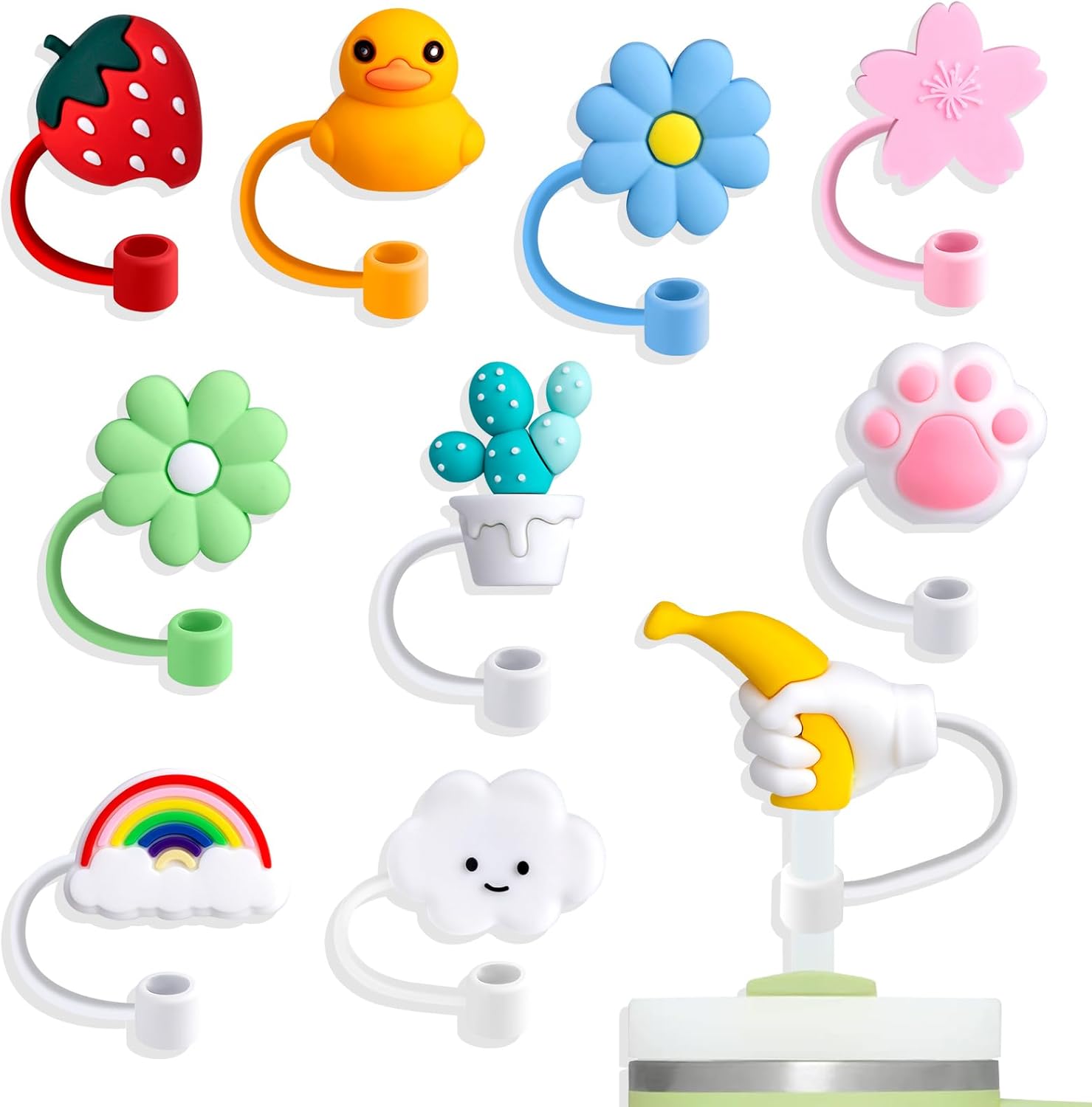 10 fundas grandes para pajilla, de 0.31 a 0.39 pulgadas (0.315-0.394 in), reutilizables, de silicona, con forma de sandía, oso, pato, flores, tapas