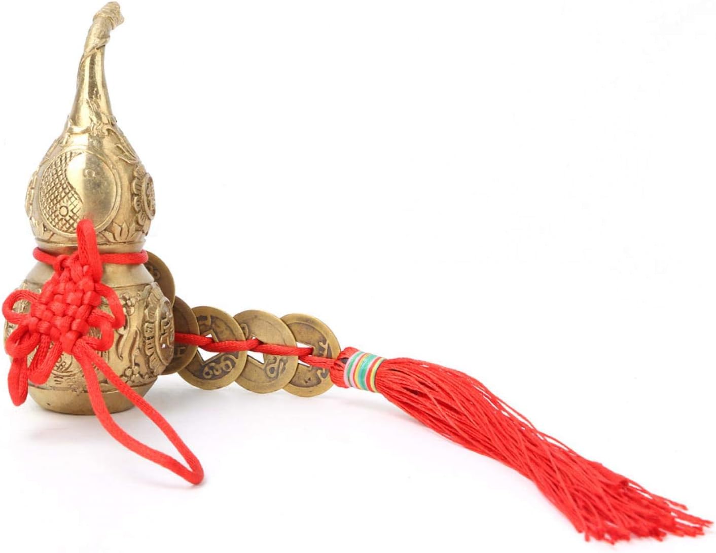 TOPINCN Wu Lou Cucurbit con 5 monedas Feng Shui latón adornos de calabaza de buena suerte Wu Lou calabaza de latón para el hogar Feng Shui