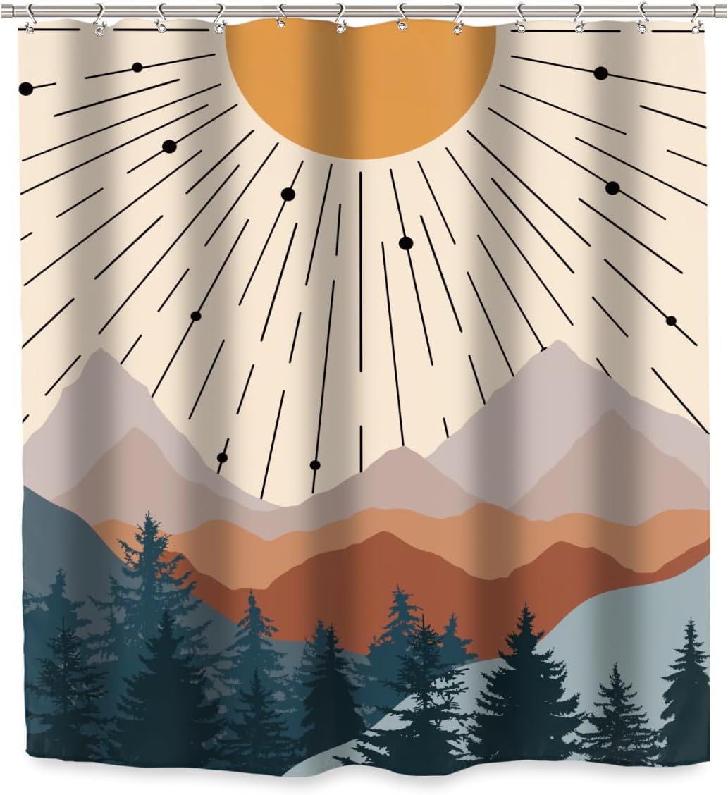 Ufeela Cortina de ducha de mediados de siglo, 60 pulgadas de ancho x 72 pulgadas de alto, abstracto, bohemio, moderno, minimalista, puesta de sol