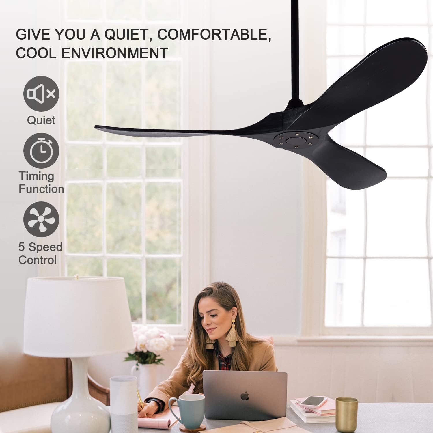 BOJUE Ventilador de techo de madera de 52 pulgadas sin luz y control remoto, ventilador de techo negro para perfil bajo para interiores y