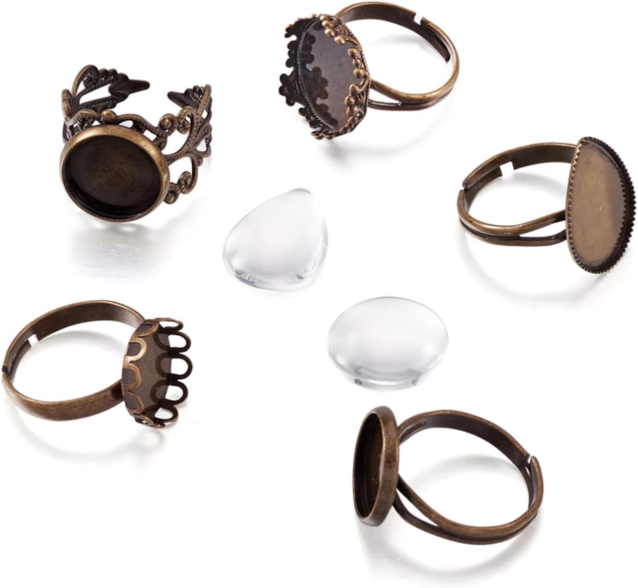 40 anillos de bronce antiguo, anillos de latón ajustables, anillos retro en blanco con ranuras, 40 cabujones de vidrio para mujeres, manualidades de