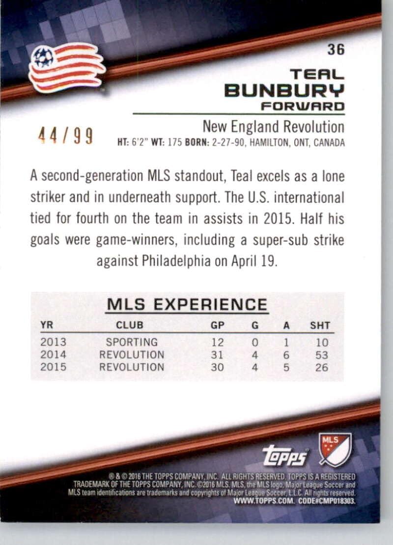 2016 Topps MLS Blue #36 Teal Bunbury SER99 New England Revolution Official Major League Soccer Card in Raw (NM or Better) Condition