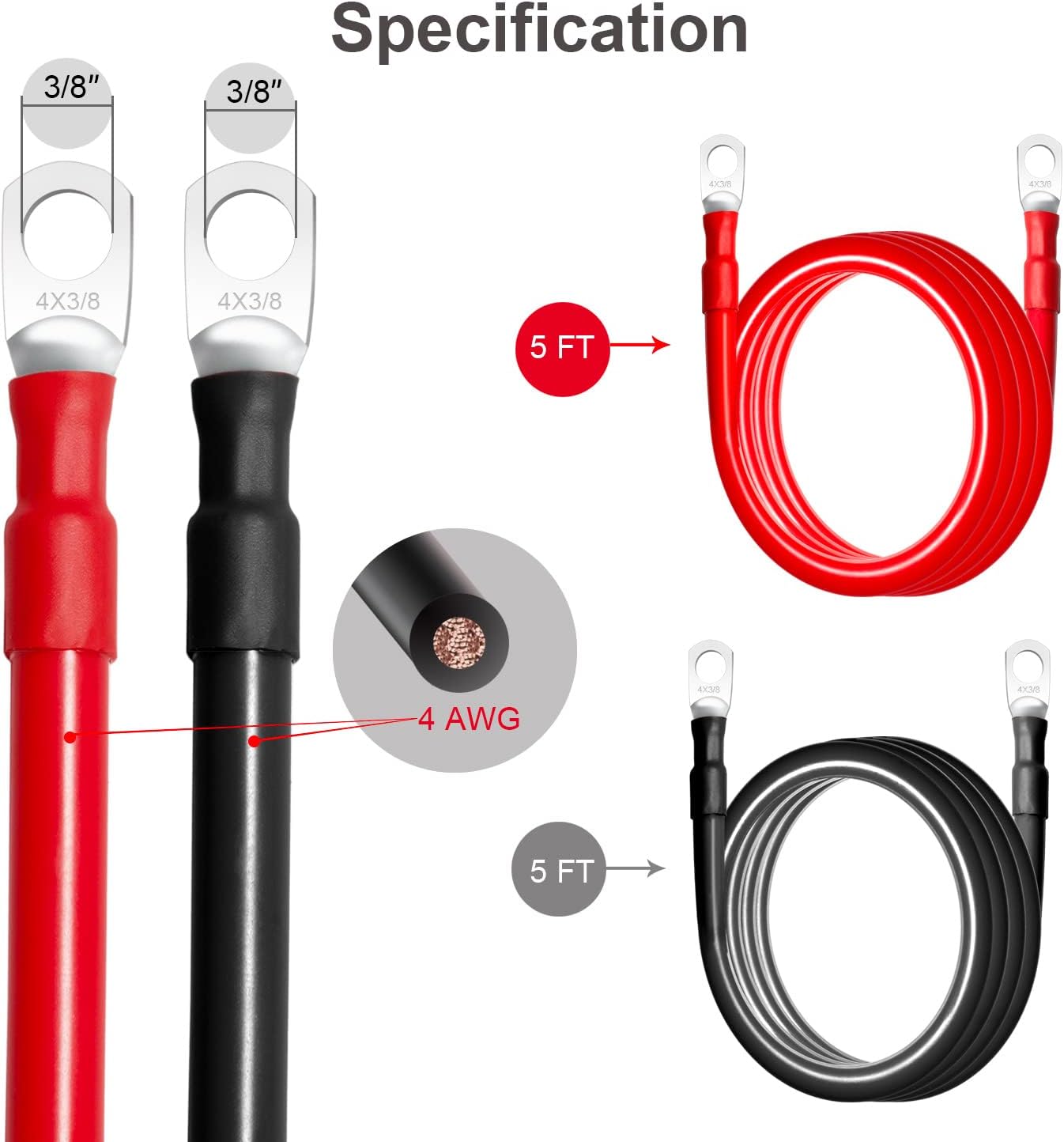 MILAPEAK Cables de batería de 4 AWG, juego de cables inversores de batería marina de calibre 4 de 5 pies con terminales de 38 pulgadas (positivos y