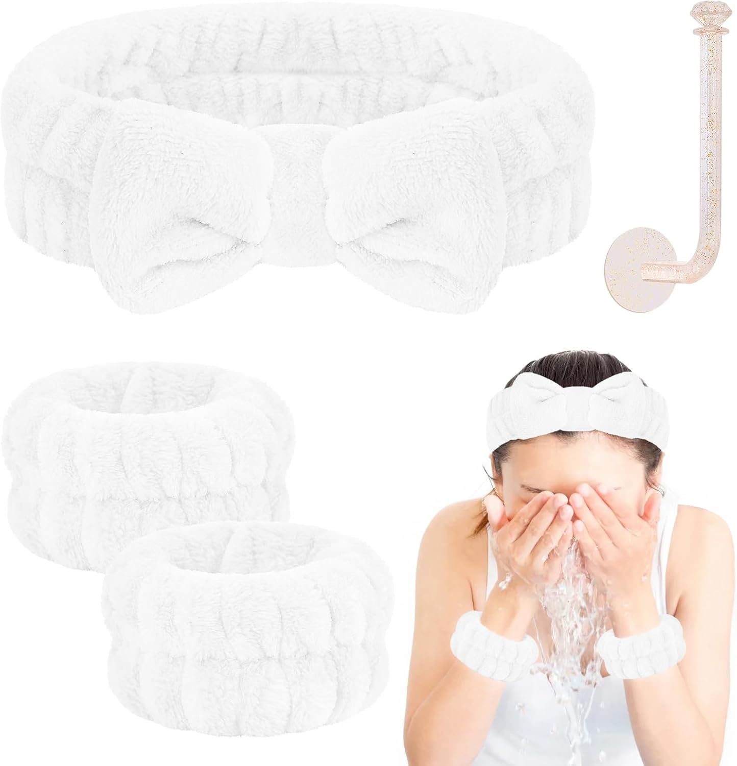 Juego de 2 diademas y muñequeras para lavado de cara, toallas de muñeca para lavar la cara con soporte, pulseras de microfibra para lavar la cara,