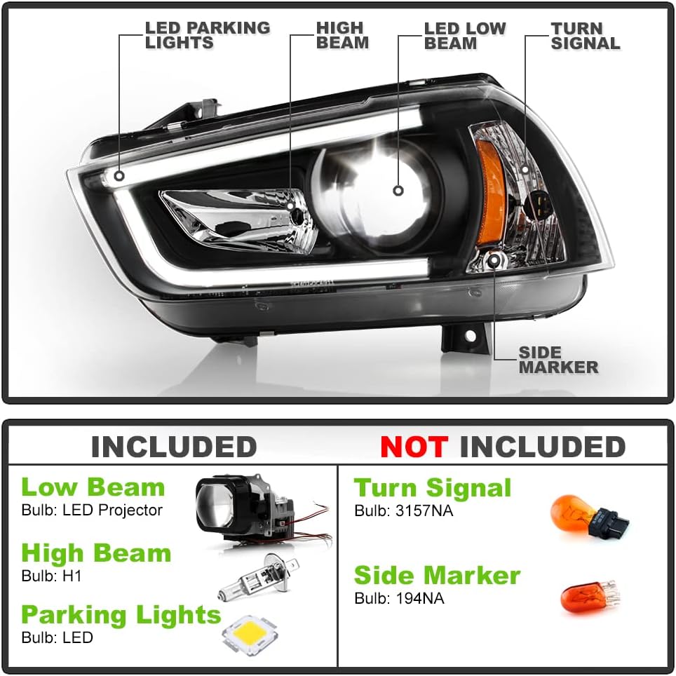 ACANII – Para modelo halógeno 2011-2014 Dodge Charger LED Tubo con proyector LED integrado Faros delanteros izquierdo+derecha, negro ónix con