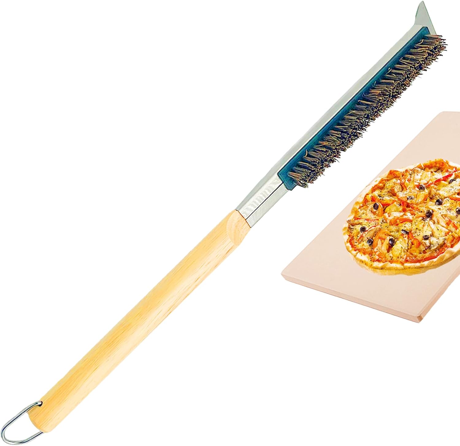 Cepillo para horno de pizza con raspador, cepillo de piedra de pizza de 21 pulgadas con mango de madera largo desmontable, resistente al calor,