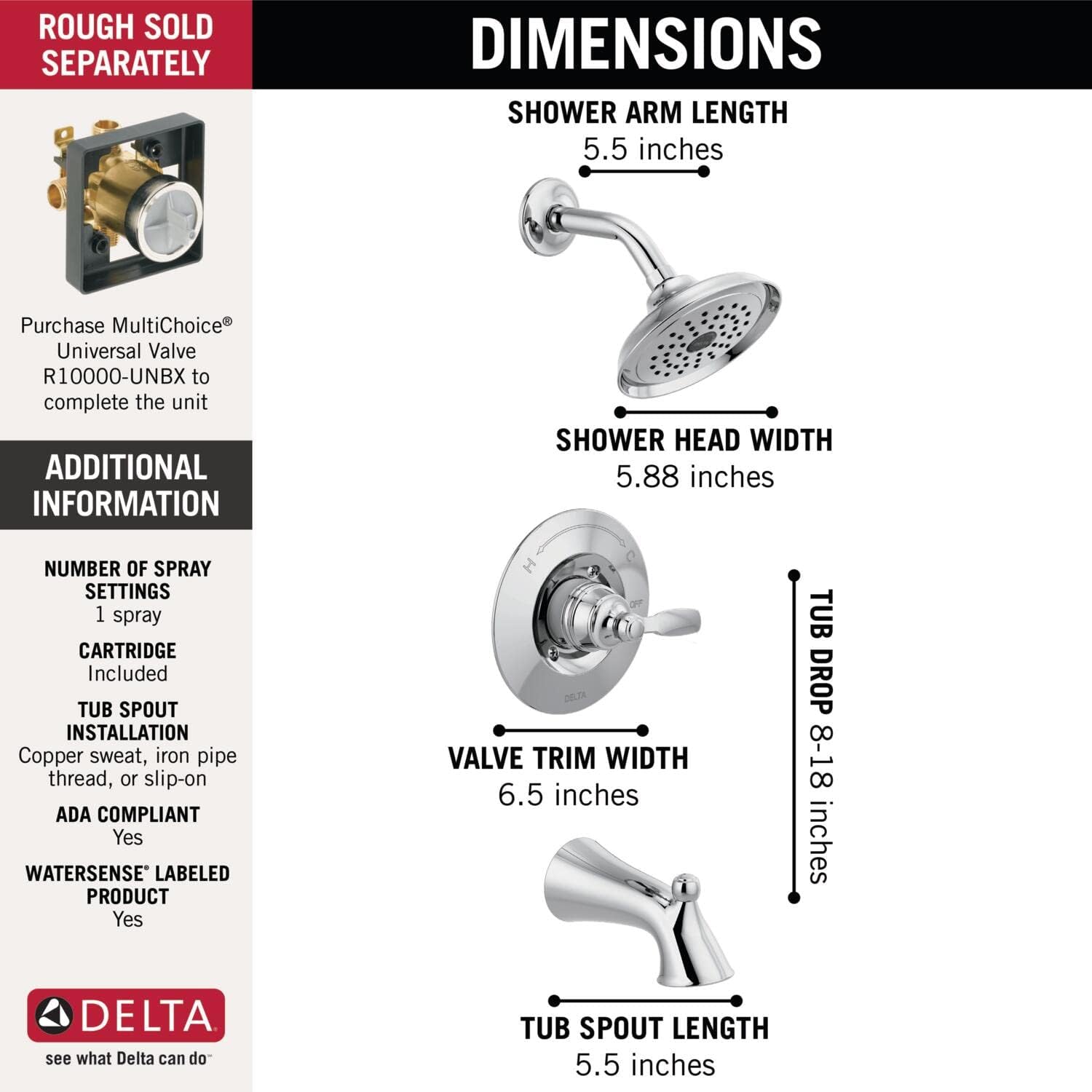 Delta Faucet Woodhurst Serie 14 – Grifo de ducha cromado de un solo mango, kit de molduras de ducha con cabezal de ducha cromado de un solo