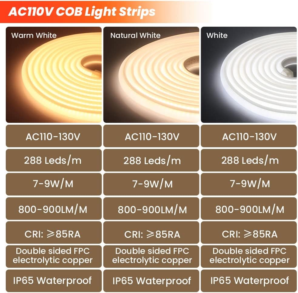 XUNATA COB – Tira de luces LED de neón de 16.4 pies, 110 V 288 LEDsm, tira de luces LED FCOB impermeable, flexible, súper brillante, tira de neón de
