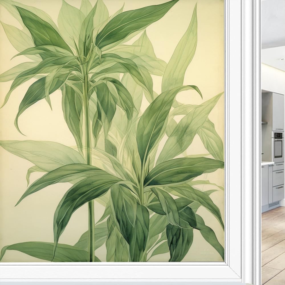Película de privacidad para ventana, diseño minimalista y clásico de hojas verdes claras, para ventana del hogar y puerta de vidrio, bloqueo solar,