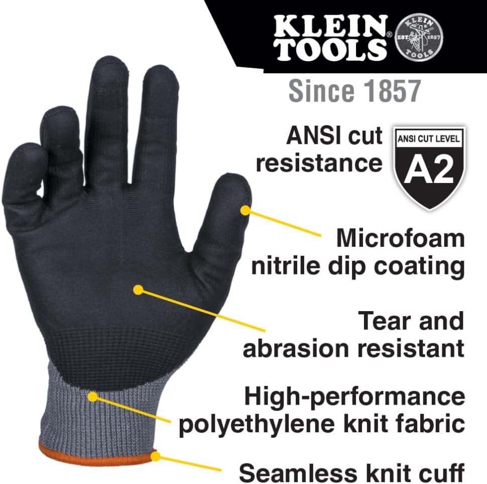 Klein Tools – Guantes de trabajo, guantes de punto resistentes a cortes ANSI A2 recubiertos de nitrilo, tela HPPE, aptos para pantalla táctil