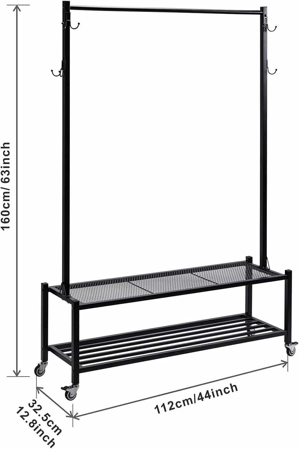 ZCDCP Perchero para ropa de 44 pulgadas de largo x 12.6 pulgadas de ancho x 61 pulgadas de alto con parte inferior, ruedas bloqueables y ganchos