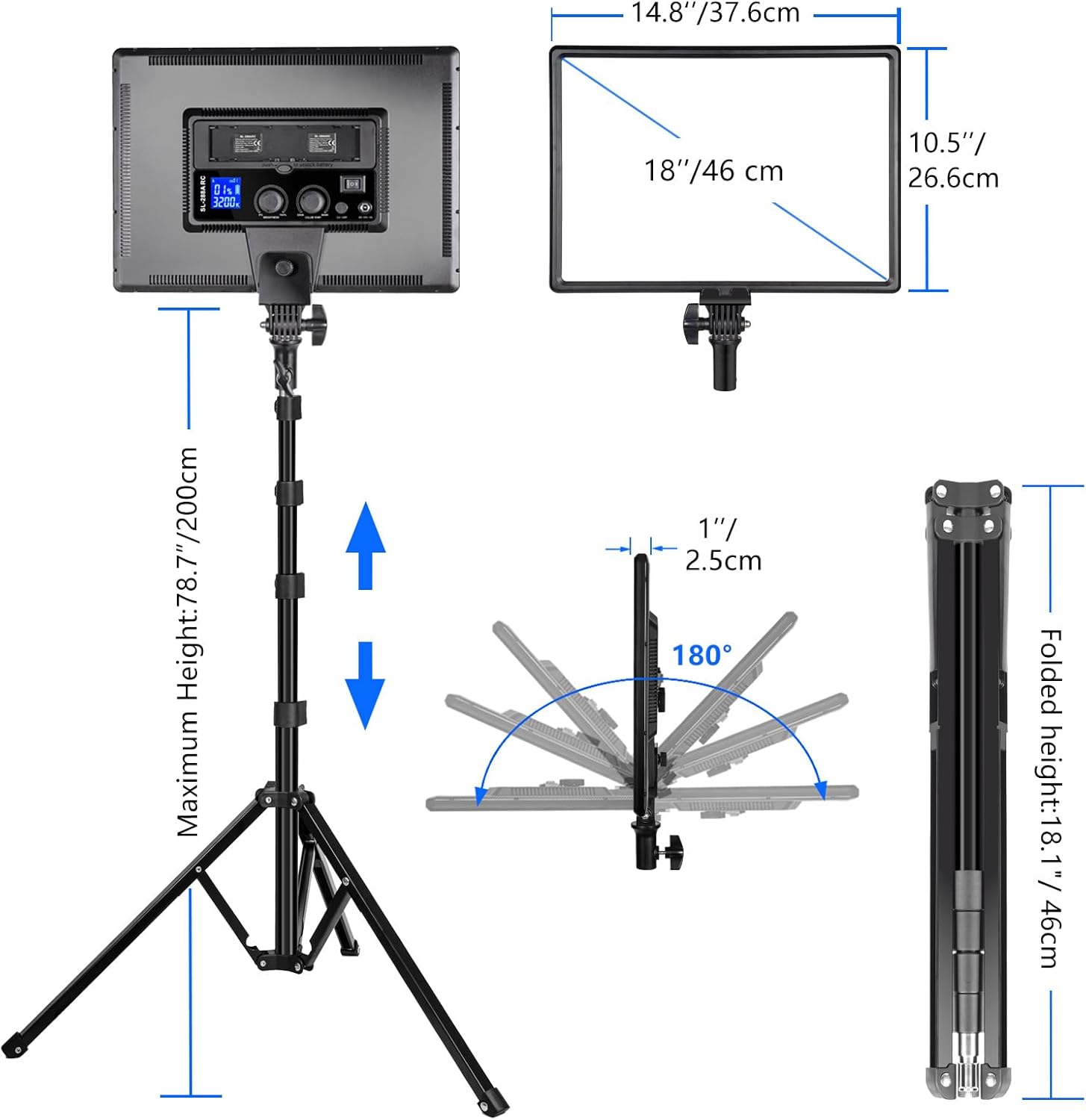 Paquete de 2 paneles de luz LED de video de 18 pulgadas, kit de iluminación de 45 W con control remoto + soporte de luz, regulable bicolor 3200K a