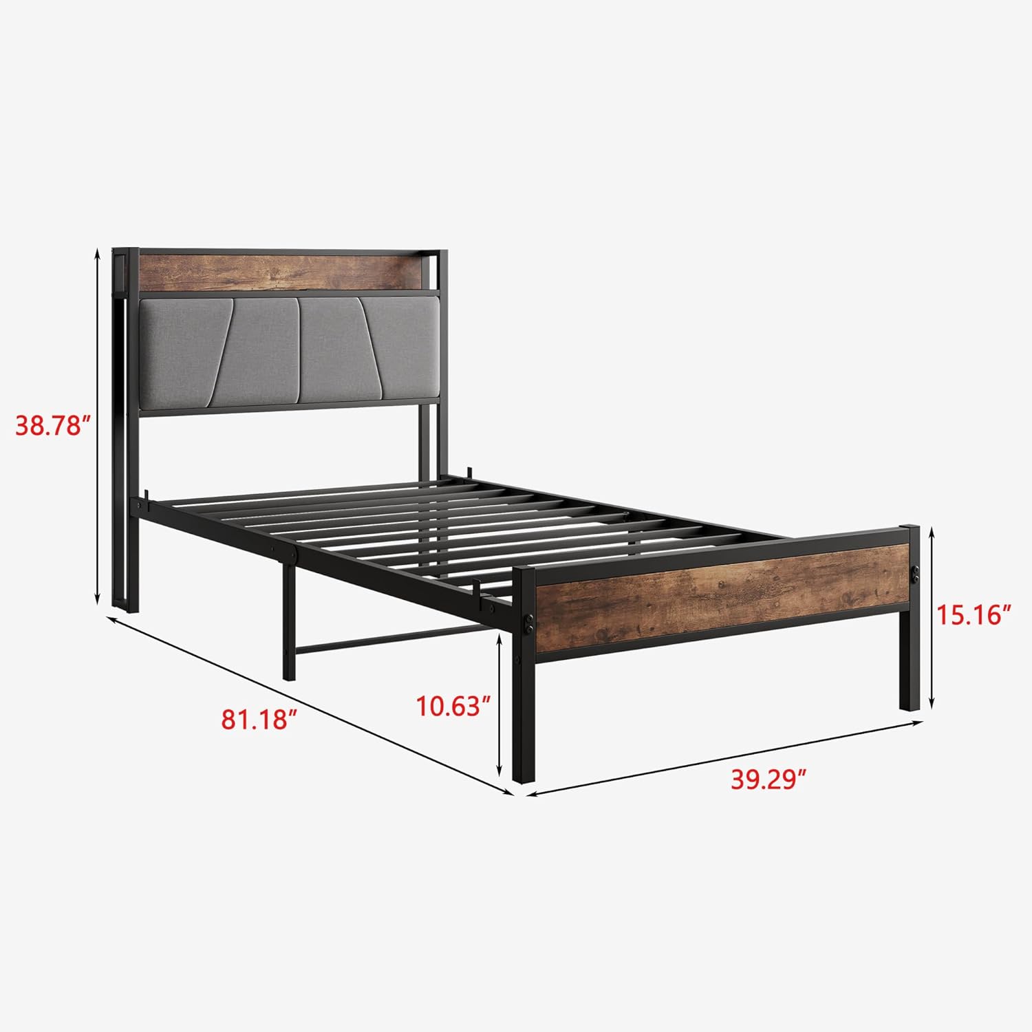 BOFENG Base de cama individual con cabecera de almacenamientoestación de carga, base de cama tapizada de metal resistente, tamaño individual, no