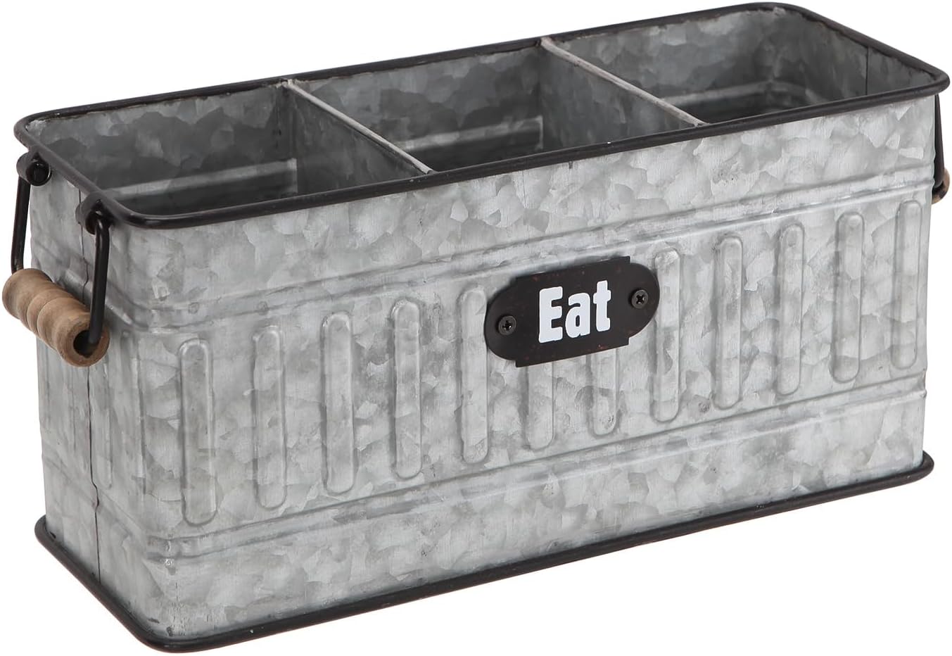 NIKKY HOME Farmhouse – Organizador de cubiertos galvanizado de 3 compartimentos con mango de madera, organizador de cubiertos para encimera de