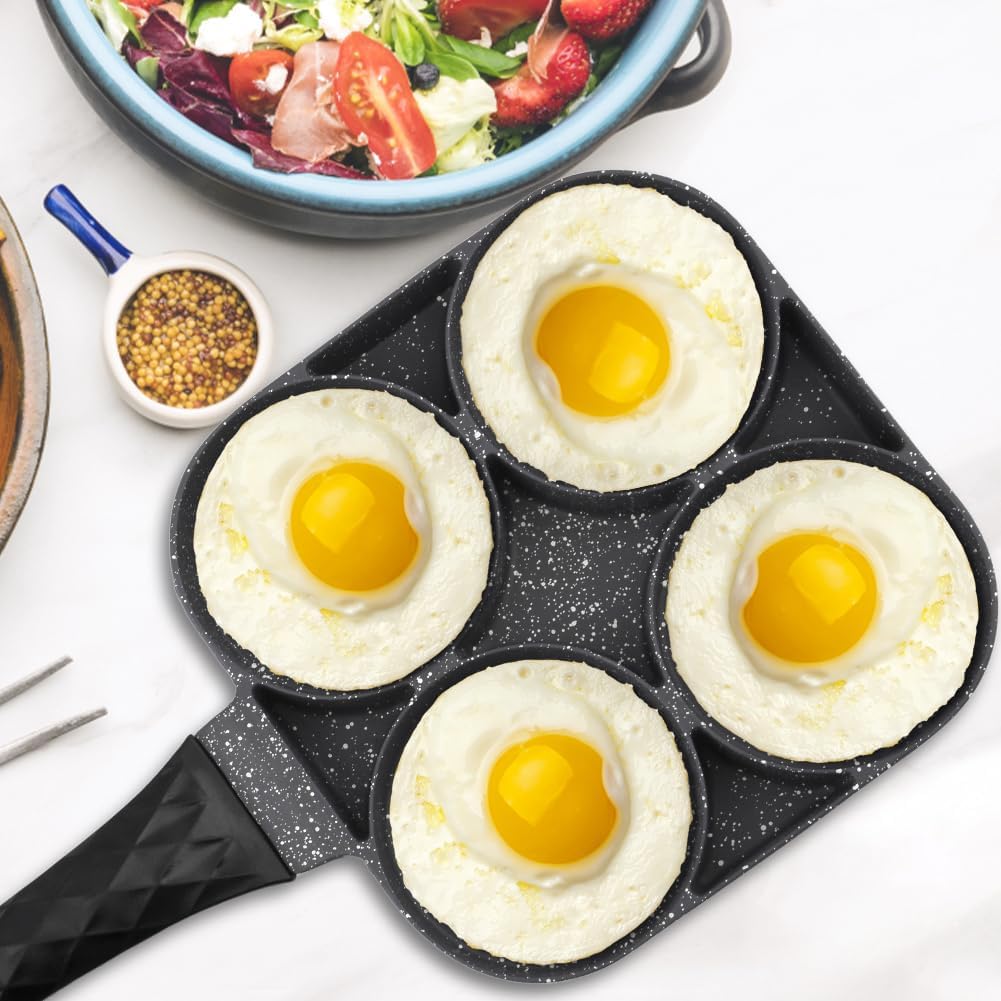 Just E Joy Sartén para huevos de 4 tazas con espátula de silicona, sartén antiadherente de aluminio para huevos de desayuno para estufa de gas y