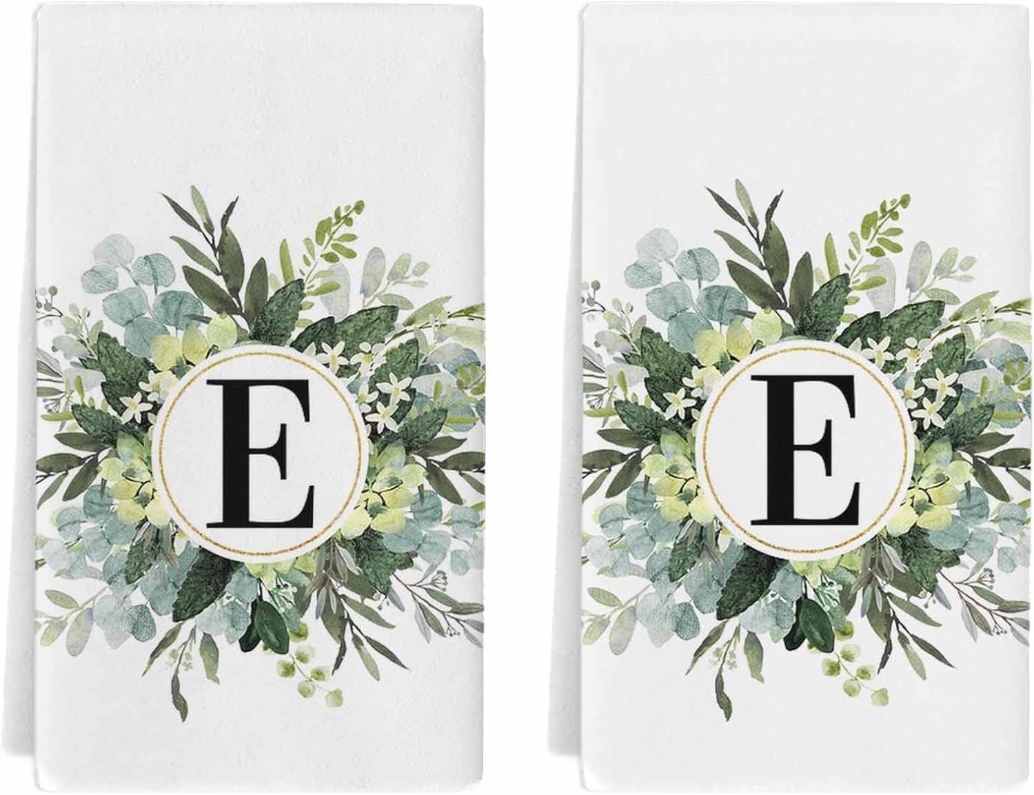 Paquete de 2 toallas de cocina y paños de cocina, monograma de letra E de eucalipto de acuarela primavera verano estilo rural de 18 x 28 pulgadas,