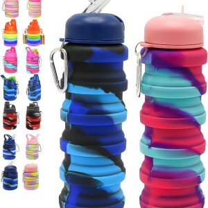 Paquete de 2 botellas de agua plegables de silicona, a prueba de fugas, portátiles de 16 onzas, expandibles, vasos deportivos con popote, sin BPA, Paquete de 2 botellas de agua plegables de silicona, a prueba de fugas, portátiles de 16 onzas, expandibles, vasos deportivos con popote, sin BPA,