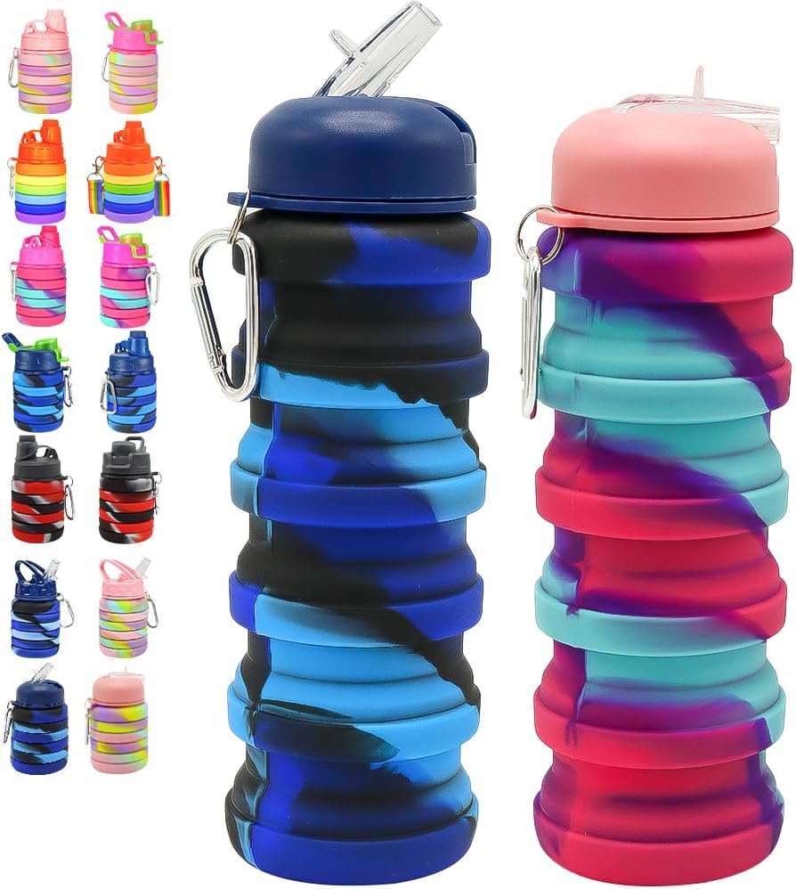 Paquete de 2 botellas de agua plegables de silicona, a prueba de fugas, portátiles de 16 onzas, expandibles, vasos deportivos con popote, sin BPA,