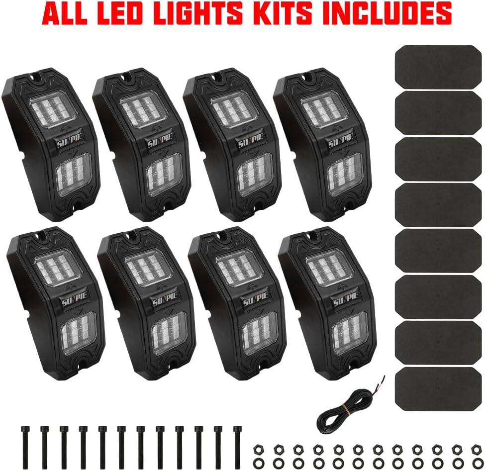 SUNPIE Gran angular 8 cápsulas de luces LED rojas para todoterreno, camión, automóvil, ATV, UTV, SUV, motocicleta, debajo del cuerpo, lámpara de luz