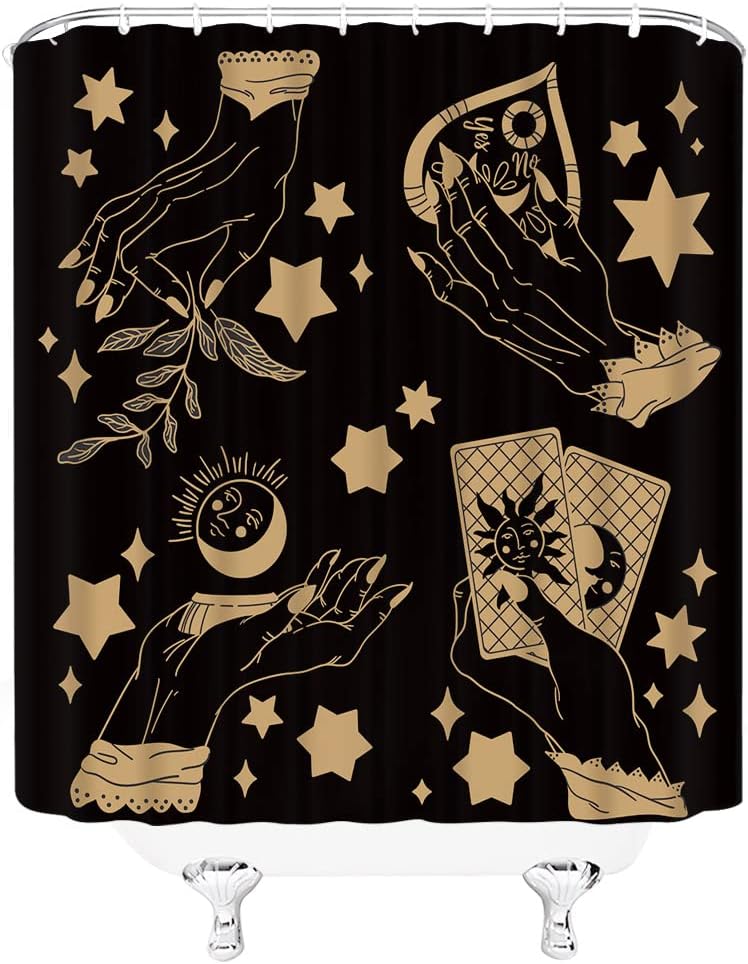 GCTNBJL Cortina de ducha de bruja, quiromancia, espeluznante, tablero de Ouija, sol, luna, hojas de mano, estrella, bohemio, tarot mágico, brujería,