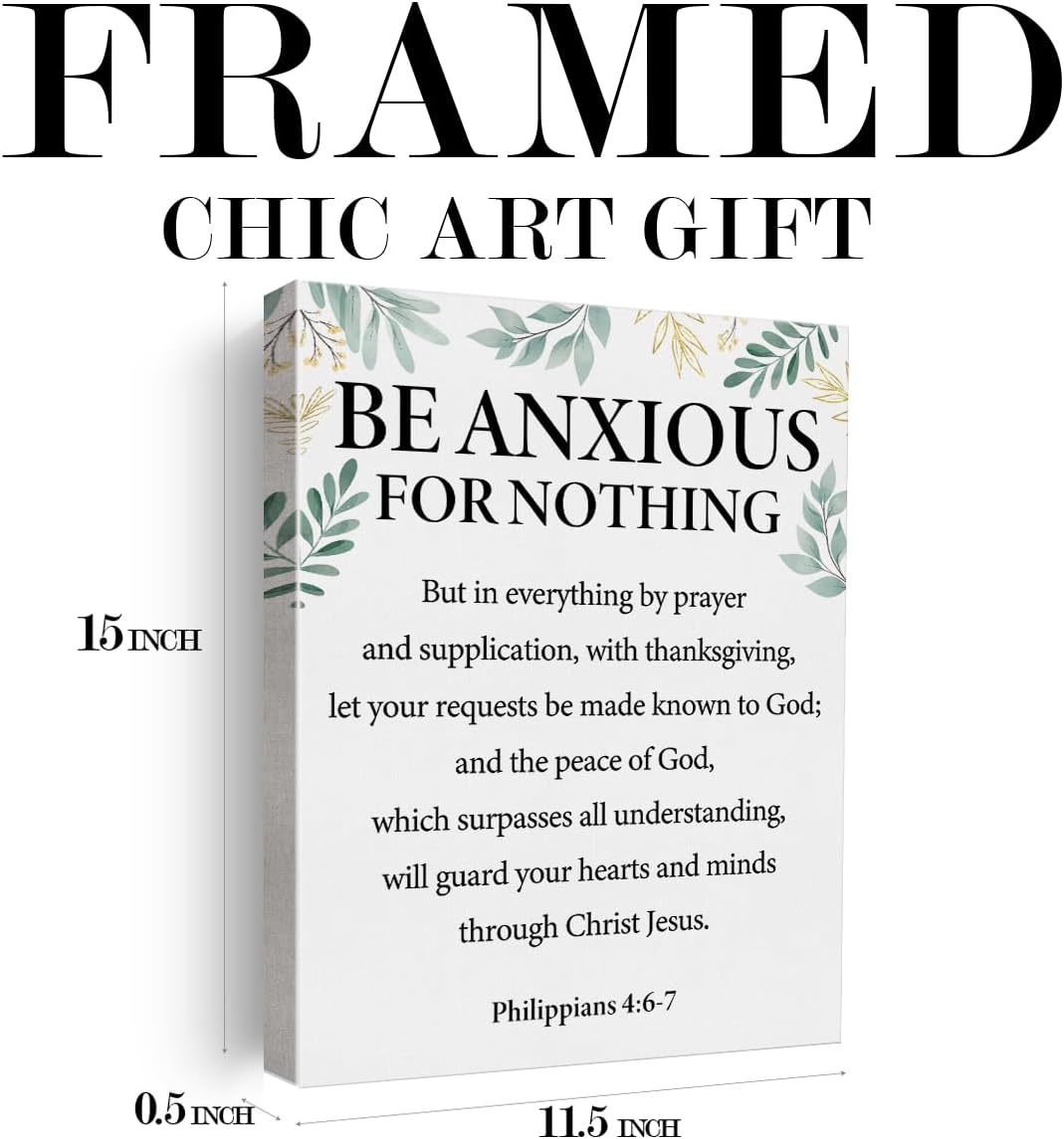 Póster de pared con versículo bíblico positivo con texto en inglés “Be Anxious for Nothing”, pintura enmarcada de Filipenses 46-7 para decoración