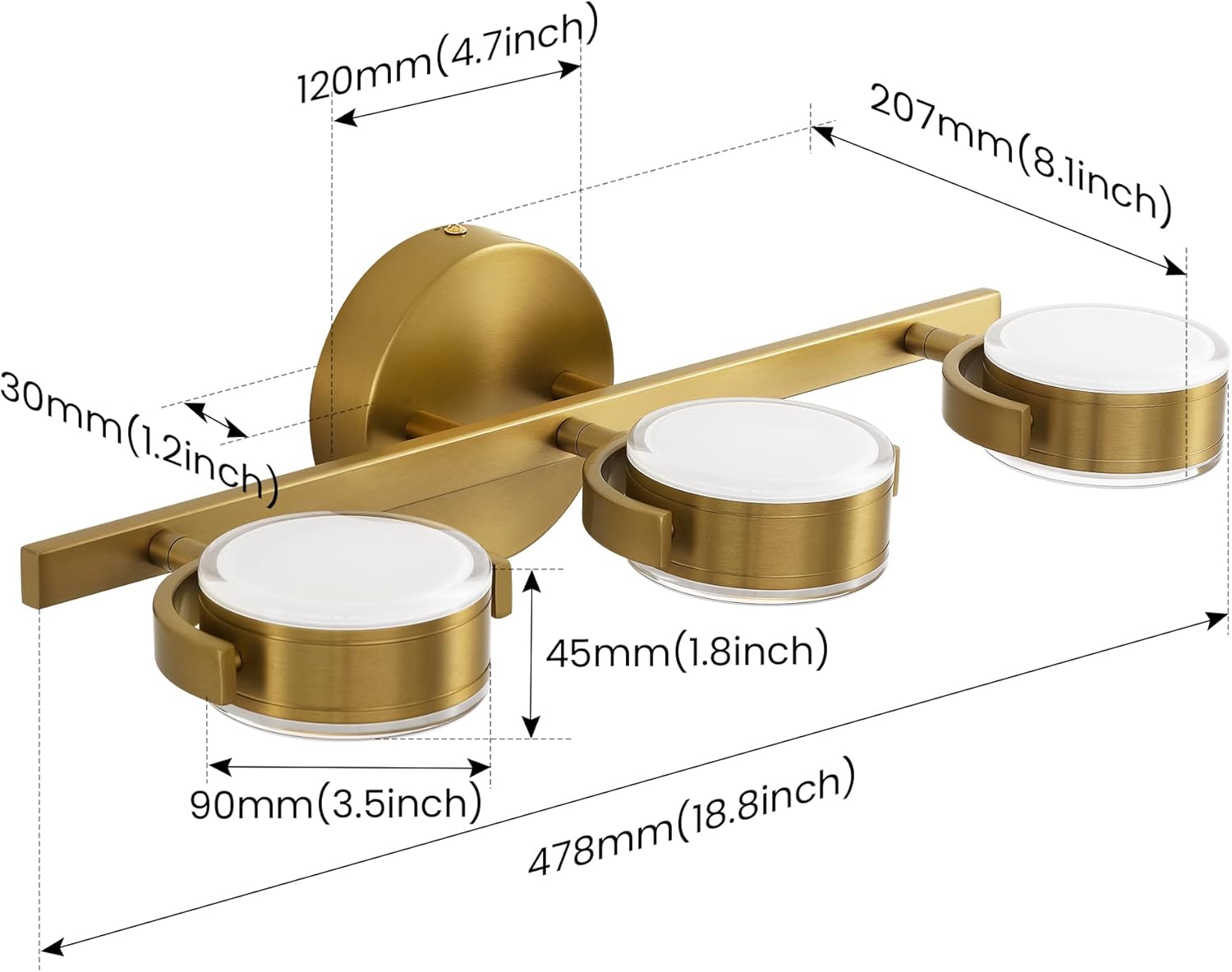 Luces de baño sobre el espejo 3 luces de oro cepillado LED giratorias de 360 para tocador de baño – Modernas lámparas de montaje en pared de 30 W