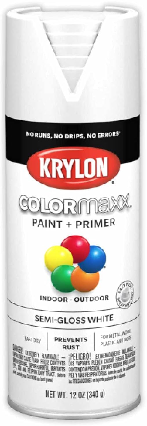 Krylon K05580007 COLORmaxx – Pintura y base en aerosol para uso en interiores y exteriores, color blanco semibrillante, 12 onzas (paquete de 1)
