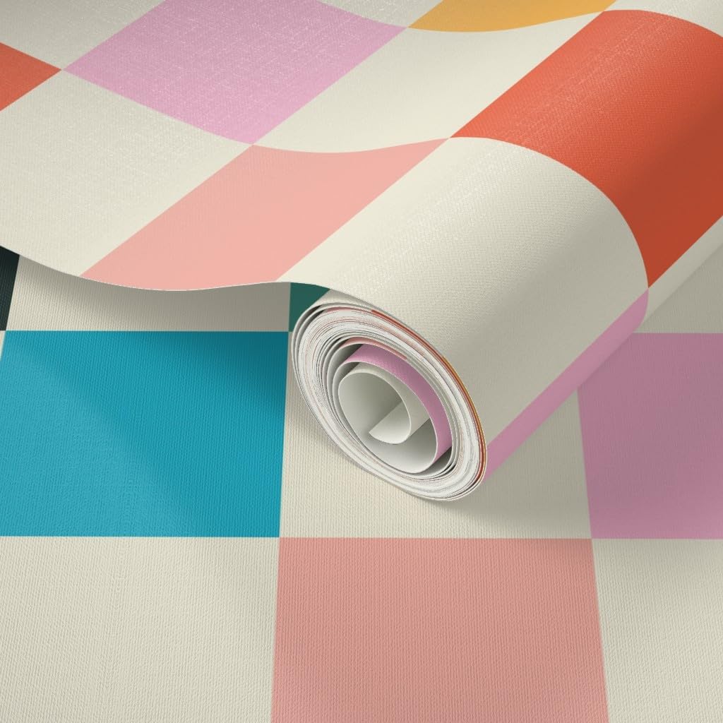 Spoonflower Papel tapiz autoadhesivo de 12 x 2 pies, papel tapiz retro de ajedrez rosa y naranja, moderno, multicolor, papel tapiz extraíble