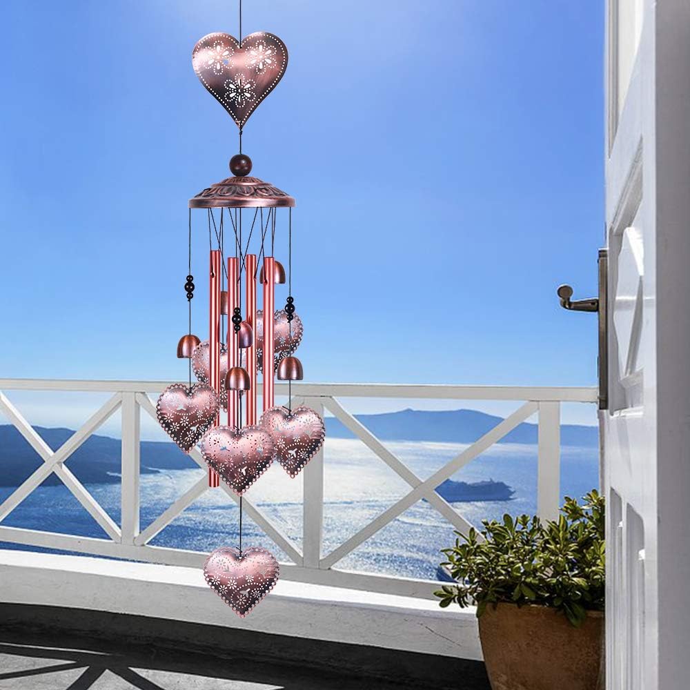 Carillones de viento de corazón amoroso para decoración de interiores y exteriores, con 4 tubos de aluminio, 6 campanas, 7 corazones, captador de