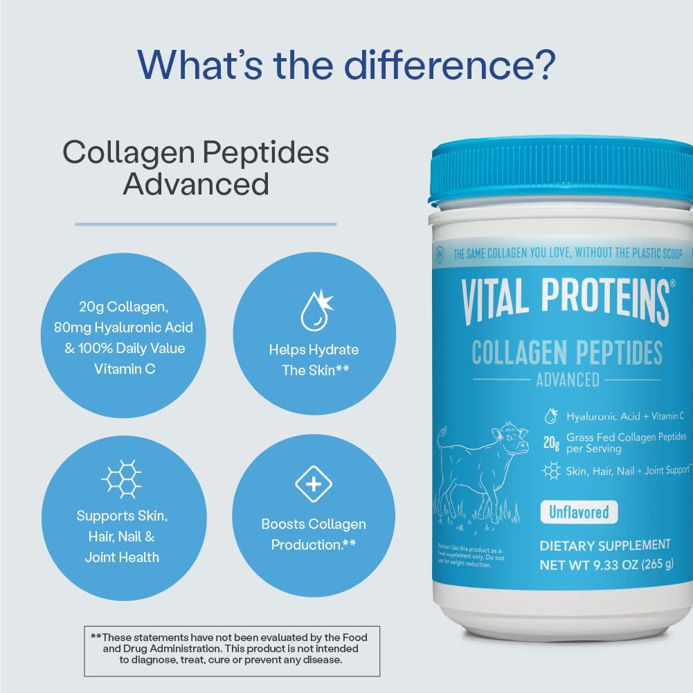 Vital Proteins Collagen Powder Supplement Hydrolyzed Peptides with Hyaluronic Acid and Vitamin C – Non-GMO, Dairy & Gluten Free Unflavored, 9.33oz