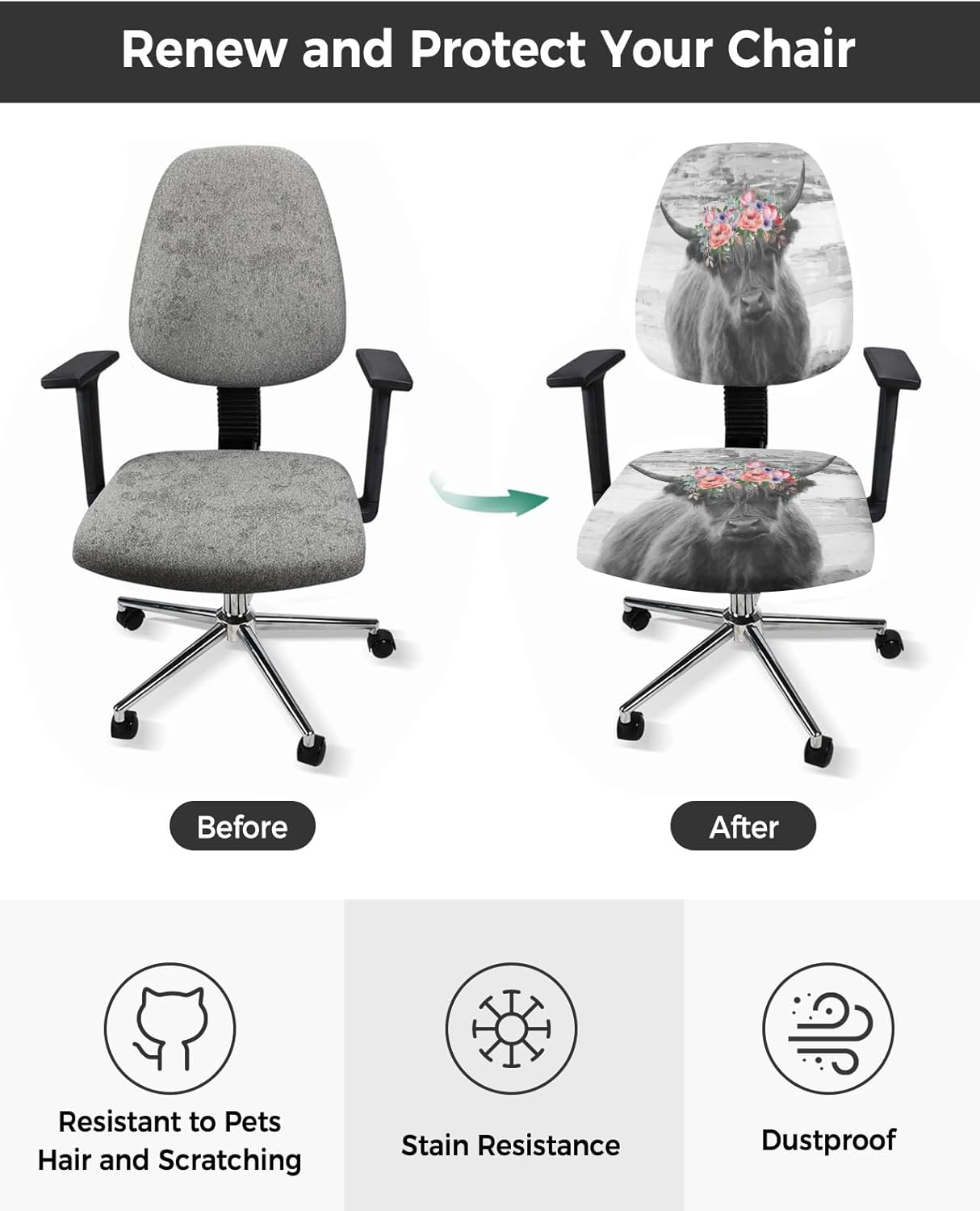 Fundas para silla de computadora de oficina, vaca de las tierras altas con corona, protector y elástico, resistente al agua, fundas de asiento
