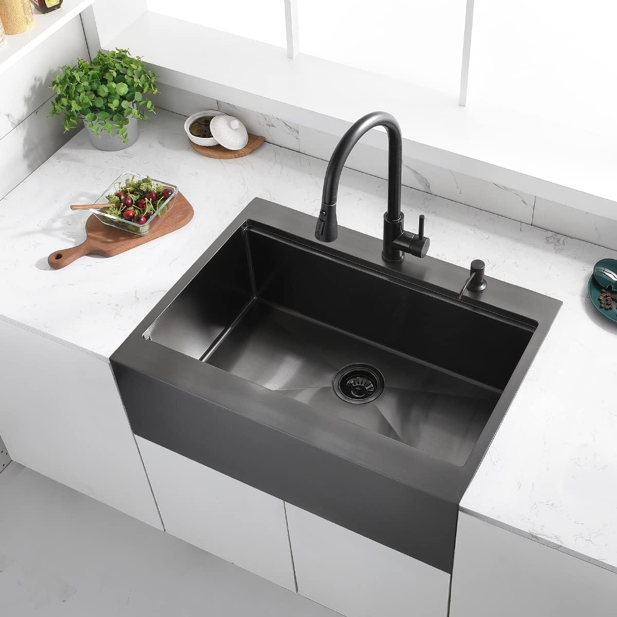 Luckyhorse LH009S – Fregadero de cocina con delantal negro de 30 pulgadas, calibre 16, acero inoxidable mate profundo, montaje superior, estación de