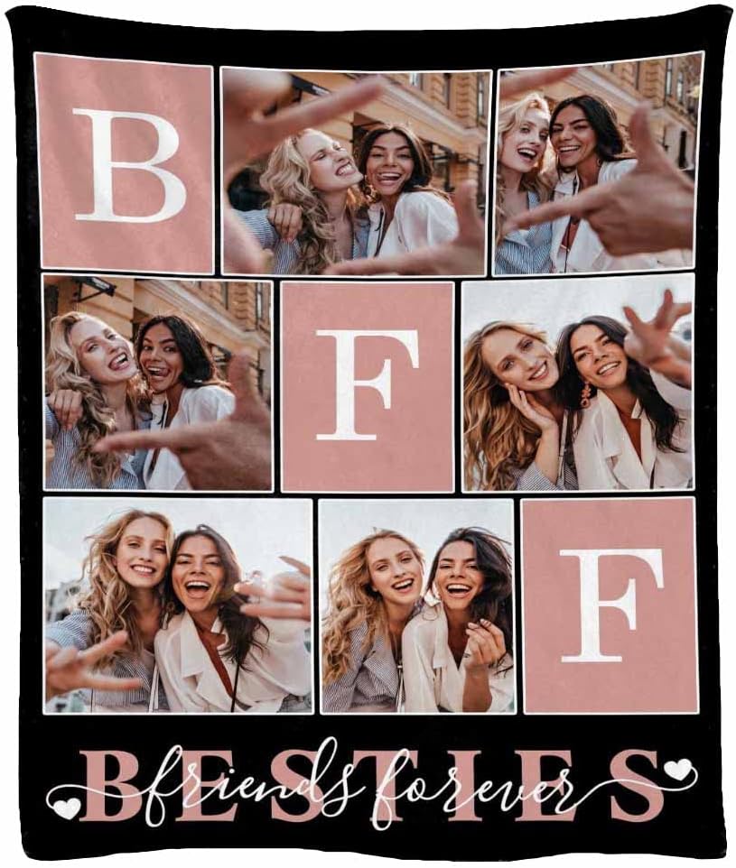 Manta acogedora personalizada con texto en inglés Besties en la que puedes confiar cualquier cosa, ligera para mejores amigos, 6 fotos, ligera,