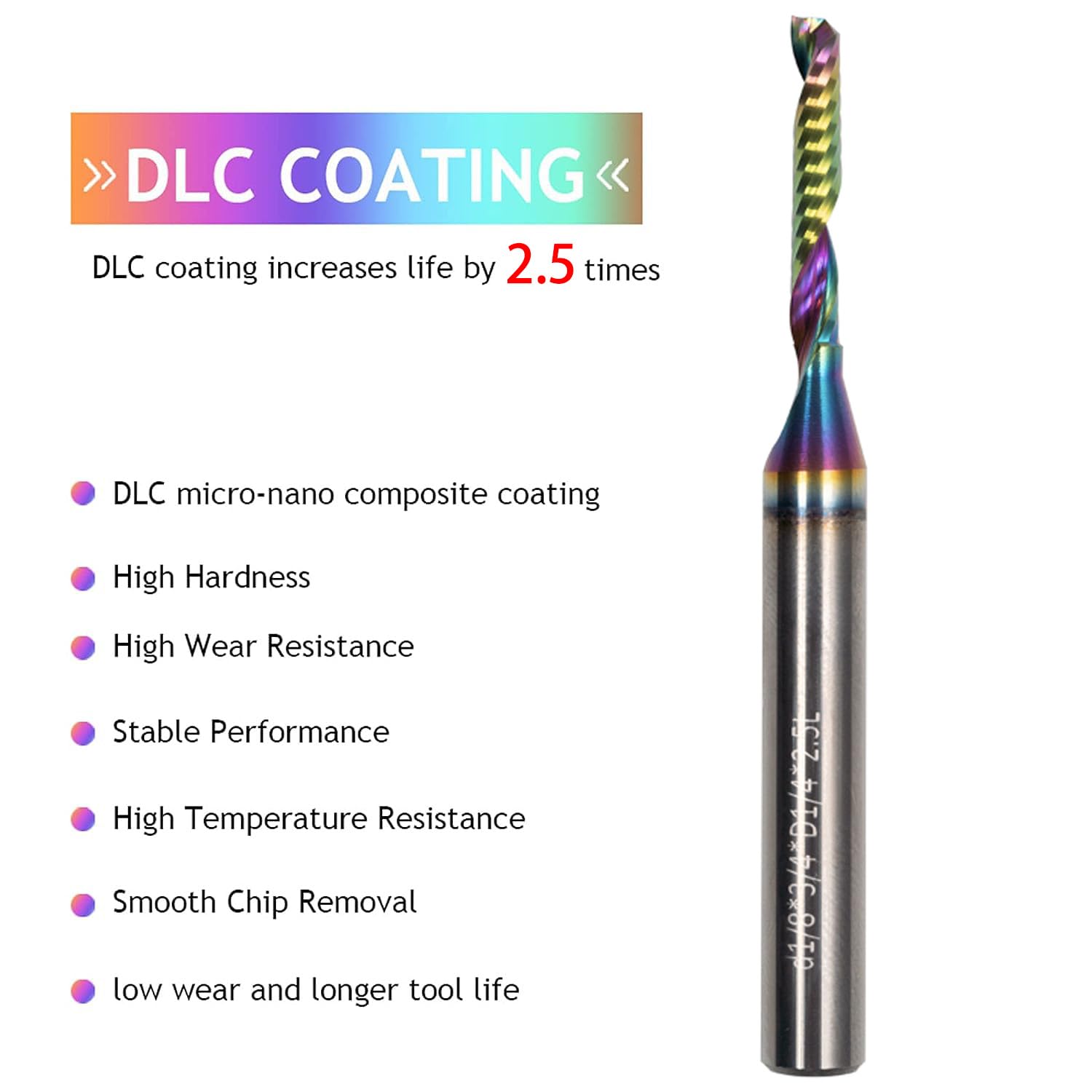 UpCut O Flute – Fresa de extremo de broca en espiral de 18 pulgadas de diámetro y vástago de 14 pulgadas con revestimiento DLC de carburo finalFresa