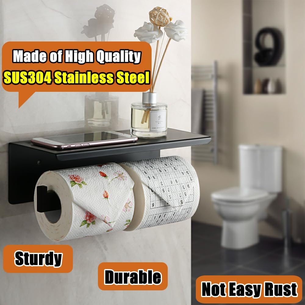 Alise Soporte doble de papel higiénico, soporte de papel higiénico de baño con estante, dispensador de almacenamiento de rollos de papel higiénico