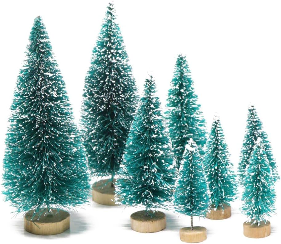8 piezas de mini árbol de Navidad, pequeños árboles de Navidad artificiales con base de madera, árboles de cepillo para botellas, colores surtidos
