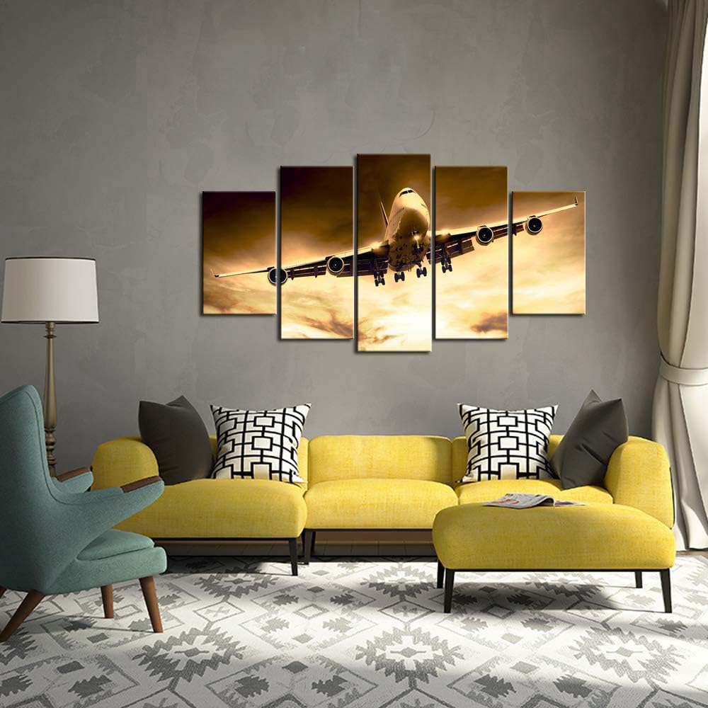 sechars Lienzo grande de 5 piezas, arte para pared, diseño de avión al atardecer, impresión en lienzo para sala de estar, dormitorio, decoración de