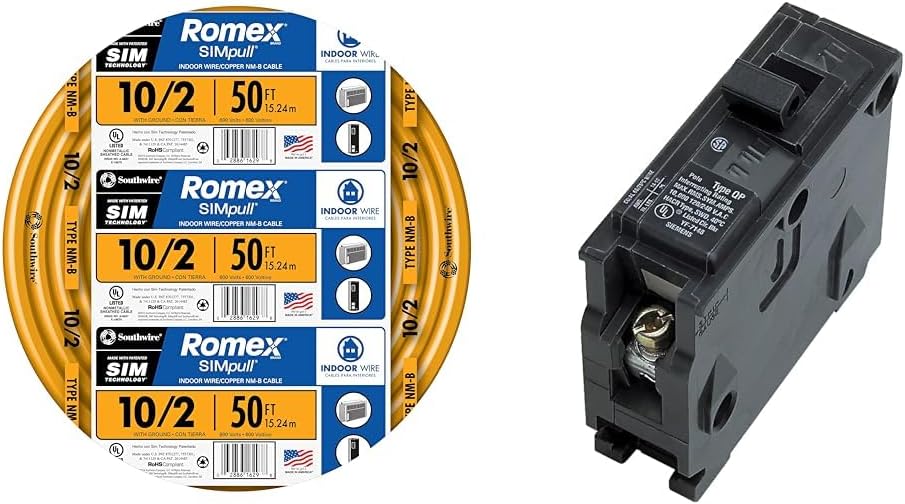 Southwire Romex – Cable NMB de 102 WG, bobina de 50 pies + disyuntor Q130 de 30 amperios tipo QP de un solo polo