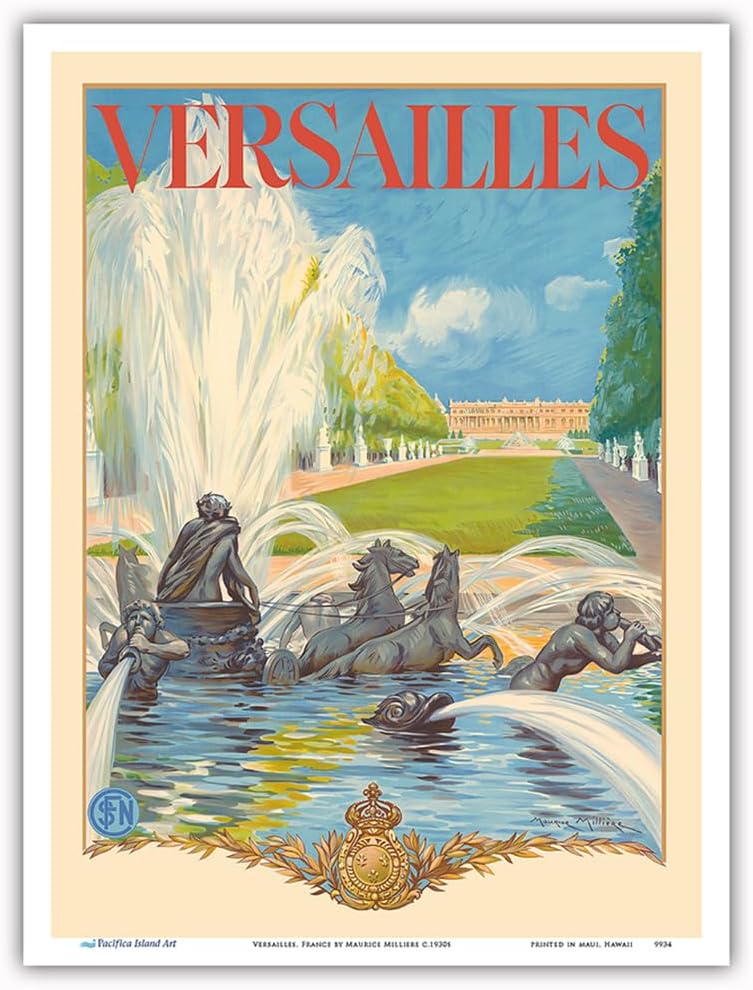 Póster de Versalles Francia  Fuente Apolo  SNCF (Ferrocarril Nacional Francés)  Vintage Railroad Travel por Maurice Milliere c.1930s  Impresión