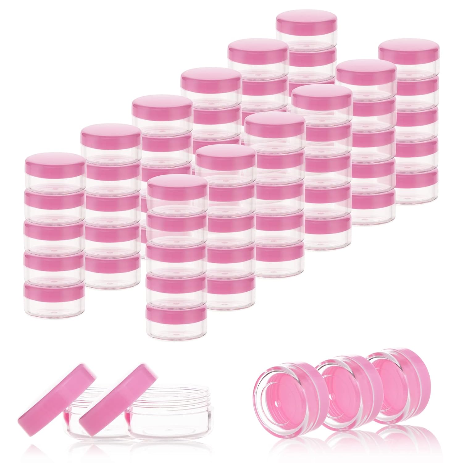 Contenedores de cosméticos con tapas, tarros de loción de plástico, tarros para muestras, con tapa rosa, 0.2oz, 25 unidades, Tarro de 10 gramos.,
